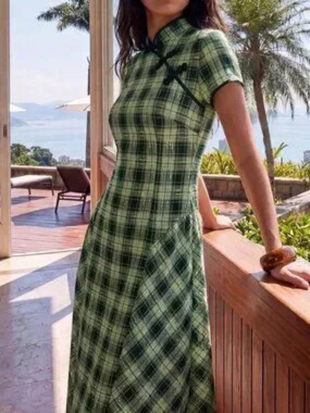 ZARA Dark Green Casual Women's Elegant Frog Button Plaid Short Sleeve Dress